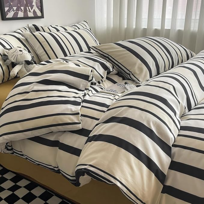 CLOTHKNOW Striped Queen Comforter Set Black White Beige Bedding Comforter Sets Farmhouse Comforters Black White Queen Comforter with 2 x Pillowcases