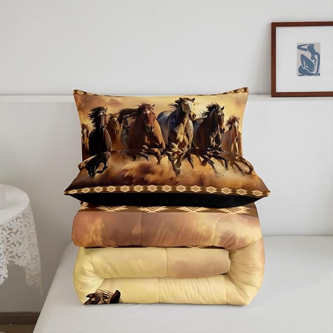 Feelyou Boho Comforter Set Toddler Size Horses Comforter Southwestern Native Aztec Bedding Set Retro Exotic Boho Duvet Set Room Decor Dark Brown Quilt Set