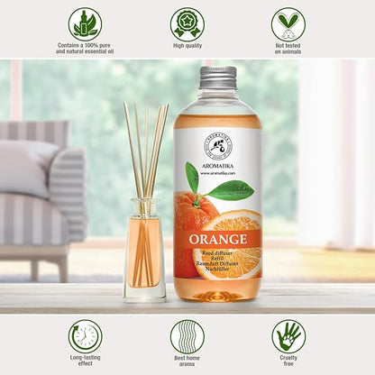 AROMATIKA Orange Reed Diffuser Refill 17 Fl Oz (500ml) - Room Fragrance Diffuser with Natural Essential Orange Oil - Best for Aromatherapy - Home - Kitchen - Office