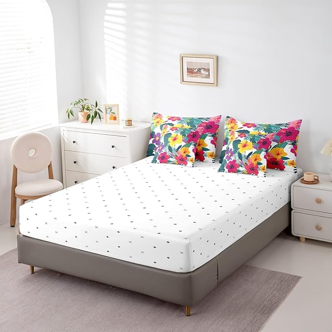 Feelyou Palm Leaf Comforter Set Queen Size 7 Pieces Flower Bedding Set for All Season Floral Blossom Botanical Nature Theme Bed in a Bag with Comforter, Sheets, Pillowcases & Cushion Cover