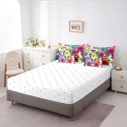 Feelyou Palm Leaf Comforter Set Queen Size 7 Pieces Flower Bedding Set for All Season Floral Blossom Botanical Nature Theme Bed in a Bag with Comforter, Sheets, Pillowcases & Cushion Cover