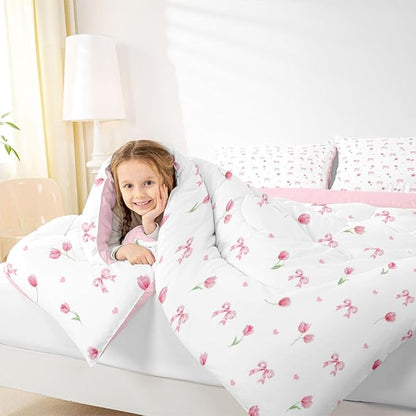 Feelyou Floral Bedding Set Soft for Boys Girls, Pink White Floral Bow Comforter Set Toddler Size Kawaii Bowknot Duvet Quilt Microfiber Pink Bow Bedroom Decor 2 Pcs with 1 Pillow Cases