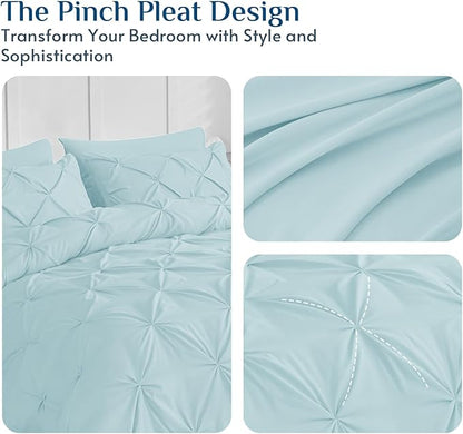 JOLLYVOGUE King Size Comforter Set 7 Pieces - Bed in a Bag King for All Season, Pintuck Bedding Comforter Sets with Comforter, Flat Sheet, Fitted Sheet and Pillowcases & Shams, Light Blue