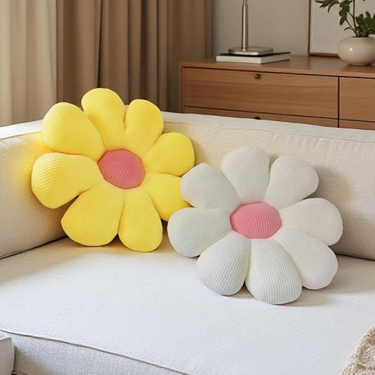 2 Pcs Flower Pillow Decorative Throw Pillows for Girls Preppy Room Decor, Cute Aesthetic Flower Daisy Shaped Throw Pillows for Bedroom Bed Couch Chair Floor Classroom (White+Yellow, 15.35 Inch)