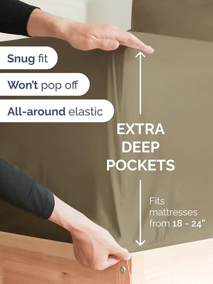 Extra Deep Cal King Sheet Set - 6 Piece Breathable and Cooling Sheets - Hotel Luxury Bedding for Women, Men, Kids & Teens - Easy Secure Fit - Soft, Wrinkle Free and Comfy - Extra Deep Pockets - Khaki