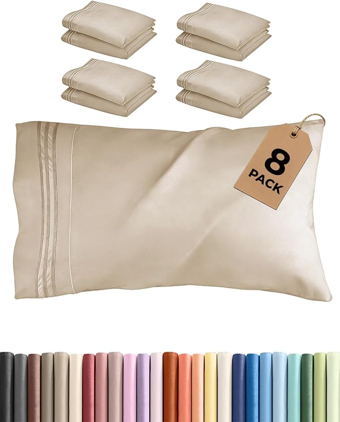 Queen Pillow Cases Set of 8 - Ultra Soft Hotel Quality Pillowcase Covers - Comfy & Wrinkle Free - Shrink, Stain and Fade Resistant - Easy-Care, Machine Washable Pillow Protectors - 8 Pcs Set - Wheat