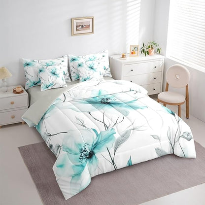 Erosebridal Teal Flower Queen Comforter Set with Sheets for Women, Bohemian Floral 7 Pcs Bedding Set, Watercolor Flower Artistic Bed in A Bag for Girls, Ink Painting Style Blossom & Leaf Bed Sets