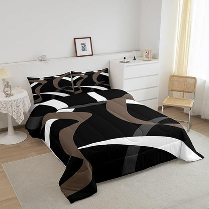 Erosebridal Abstract Black Taupe Brown Bedding Comforter Sets Dark Grey White Striped Bedding Set King Geometric Abstract Down Comforter for Kids Boys Teen Men Modern Fashion Quilt Duvet