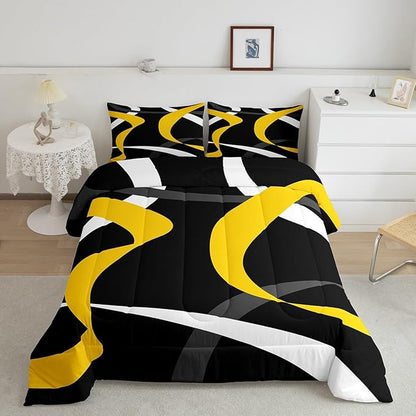 Erosebridal Grey Black Yellow Bedding Comforter Sets Gray White Striped Abstract Bedding Set Twin for Kids Adults Geometric Stripes Down Comforter Modern Fashion Quilt Duvet 2 Pcs