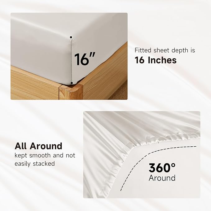 THXSILK Luxury Mulberry Silk Bed Sheets Set - 4pcs Silk Sheets Set 16" Deep Pocket - 1 Fitted Sheet, 1 Flat Sheet, 2 Pillowcases with Zipper Closure - Queen, White
