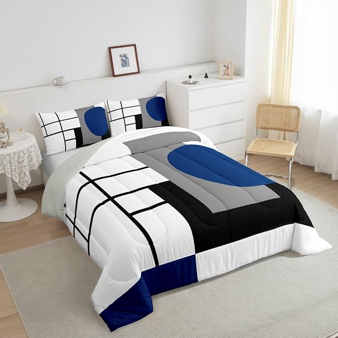 Erosebridal White Black Blue Striped King Bedding Set Boho Modern Geometric Abstract Comforter Set for Adult Women Men Stripes Lines Bed Collections Minimalist Square and Circle Quilt Sets