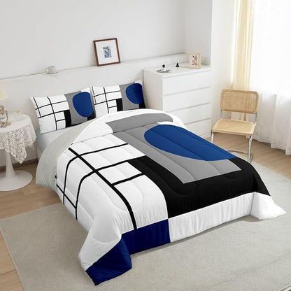 Erosebridal White Black Blue Striped Toddler Comforter Boho Modern Geometric Abstract Bedding Set Stripes Lines Duvet Insert Minimalist Square and Circle Bed Sets