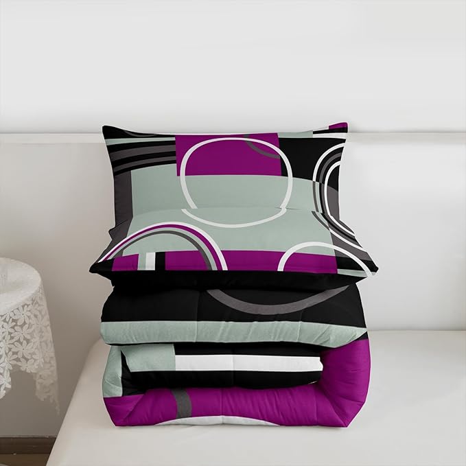 Erosebridal Modern Purple Black Gray Bedding Sets Twin Geometric Circles Swirls Comforter Abstract Striped Quilted Duvet Chic Plaid Checkered Duvet Insert Stylish Texture Down Comforter All Season