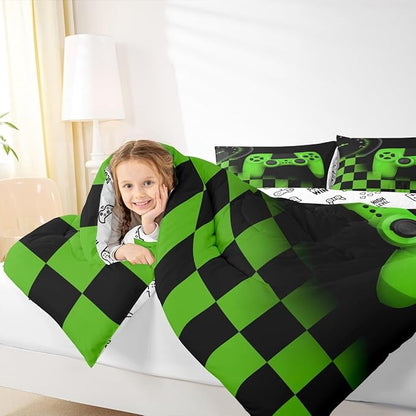 Gaming Comforter for Teen Boys Game Room Decor Bedding Set Kid Girls Gamepad Duvet Insert for All Season Gamer Home Decor Down Comforter Set with Black Green Buffalo Check Plaid Twin Size,1 Pillowcase