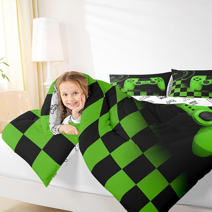 Erosebridal Gaming Comforter for Teen Boys Kids Girls,Gamepad Duvet Insert for Gamer Home Decor,Black Green Teens Gamer Bedding Set King,Buffalo Check Plaid Down Comforter Set with 2 Pillowcases