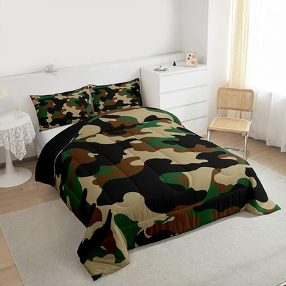 Erosebridal Camouflage Comforter Set King Size Camo Bedding Set for Adutls Men Women Dark Green Brown Black Comforter Rustic Farmhouse Abstract Quilt Bedroom Decor