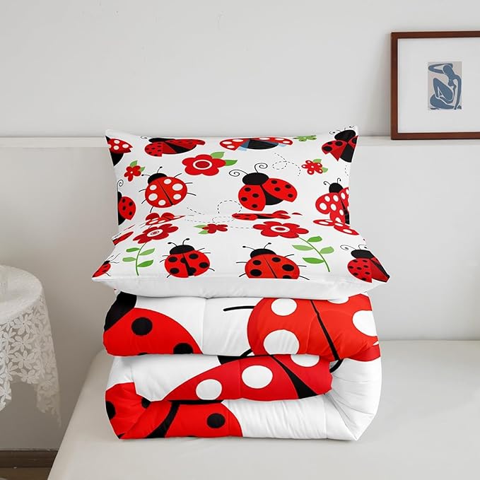 Ladybug Comforter Set for Teens Red Floral and Animal Bedding Set Cute Bug Bedding Home Decor for Kids Comforter Twin Size 2 Pcs Entomology Quilted Duvet Set 1 Comforter with 1 Pillowcase