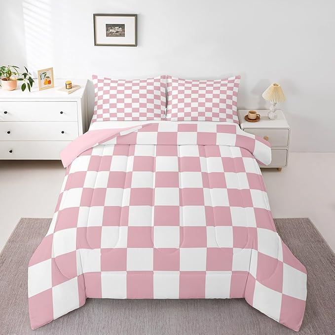 Feelyou Checkered Bedding Set Teen Women Men Pink Plaid Comforter Set Full Size Kids Boys Girls Cute Retro Neutral Checkerboard Geometric Duvet Insert Vintage Aesthetic Room Decor