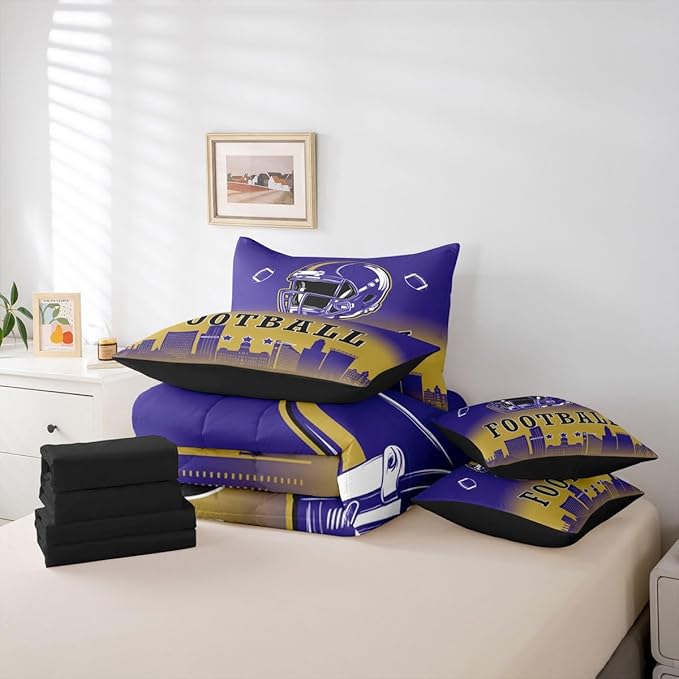 Erosebridal Kids Football Bed in A Bag Full American Soccer City 7 Pcs Bedding Set for Boys Girls,Sports Rugby Navy Blue Comforter Set with Sheets Chic City Silhouette Ball Games Bed Set