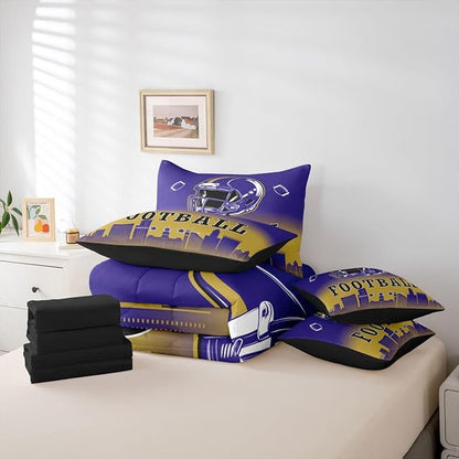 Erosebridal Kids Football Bed in A Bag Queen American Soccer City 7 Pcs Bedding Set for Boys Girls,Sports Rugby Navy Blue Comforter Set with Sheets Chic City Silhouette Ball Games Bed Set
