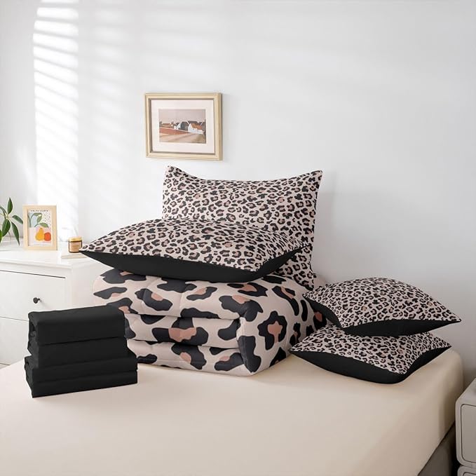 Erosebridal Cheetah Fur Beige Pink Black Comforter Set Queen Size 7 Pieces | Leopard Print Bed in A Bag Women Men Adults Bed Set Animal Skin Pattern Bedding