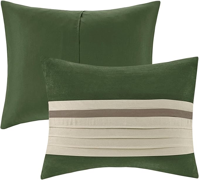 Madison Park Palmer Comforter Set-Luxury Faux Suede Design, Striped Accent, All Season Down Alternative Bedding, Matching Shams, Decorative Pillow, Bed Skirt, Queen (90 in x 90 in), Green 7 Piece