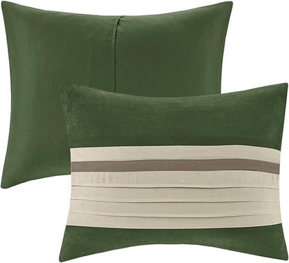 Madison Park Palmer Comforter Set-Luxury Faux Suede Design, Striped Accent, All Season Down Alternative Bedding, Matching Shams, Decorative Pillow, Bed Skirt, Queen (90 in x 90 in), Green 7 Piece