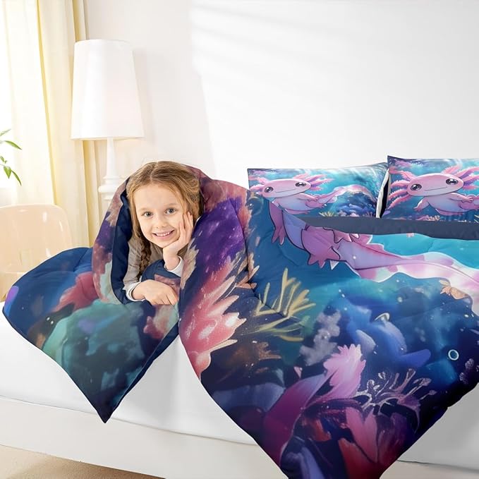 Erosebridal Kawaii Axolotl Comforter Set for Kids Boys and Teens Room, Salamander Animal Bedding Set King Size, Ocean Life Down Comforter,Underwater World Sea Animal Quilt, Breathable Room Decor