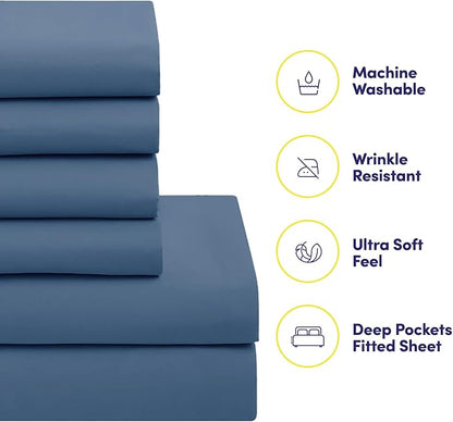 Sweet Home Collection 7 Piece Comforter Set Bag Solid Color All Season Soft Down Alternative Blanket & Luxurious Microfiber Bed Sheets, Denim, Queen