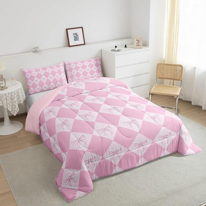 Erosebridal Kids Kawaii Bowknot Comforter Set King Fantasy Princess Bedding Comforter Sets for Kids Girls Teen Room Decor,Pink Girly Plaid Bedding Set Cute Bow Checkered Quilt Duvet 2 Pillow Cases