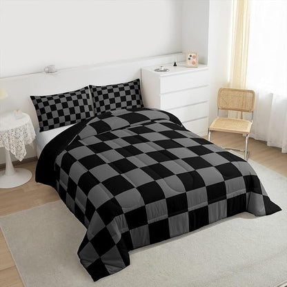 Feelyou Checkered Retro Comforter Set All Season Black Grey Plaid Bedding Set with 1 Pillow Cases Geometric Vintage Kids Twin Bedclothes Modern Simple Groovy Aesthetic Bedroom Decor Duvet Quilt