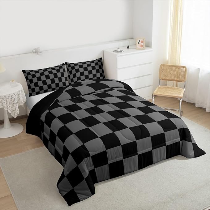 Feelyou Checkered Retro Comforter Set All Season Black Grey Plaid Bedding Set with 2 Pillow Cases Geometric Vintage Kids Full Bedclothes Modern Simple Groovy Aesthetic Bedroom Decor Duvet Quilt