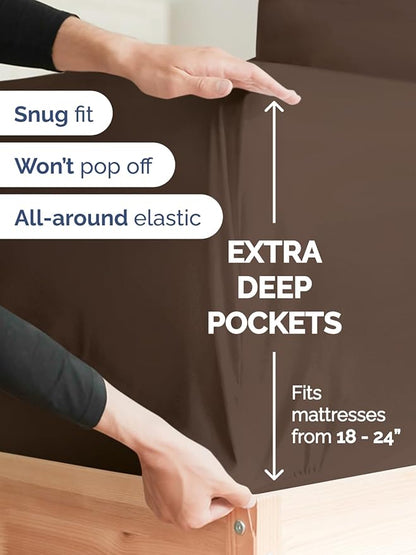 Extra Deep Full Sheet Set - 6 Piece Breathable and Cooling Sheets - Hotel Luxury Bedding for Women, Men, Kids & Teens - Easy & Secure Fit - Soft, Wrinkle Free and Comfy - Extra Deep Pockets - Brown