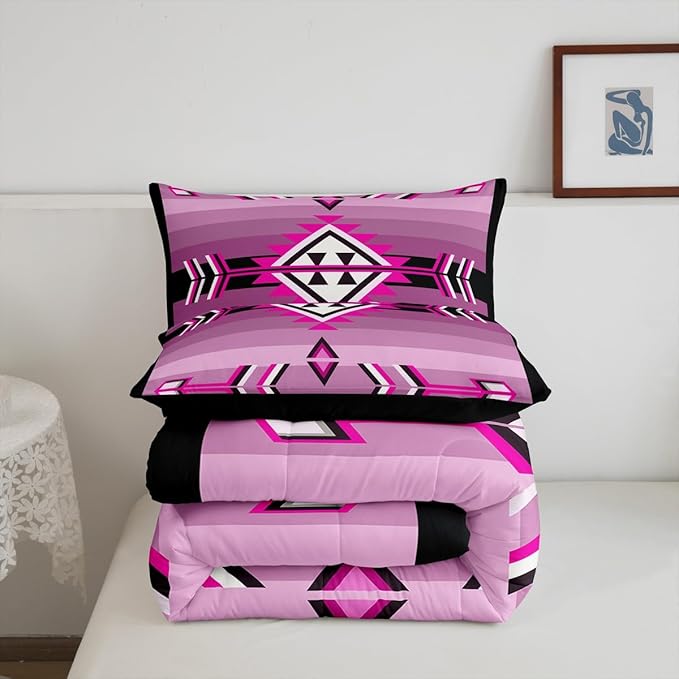 Erosebridal Western Aztec Quilt Set Pink Black Boho Comforter Set Toddler for Kids Girls Adults Women,American Native Southwestern Bedding Sets Ethnic Exotic Tribal Geometric Bed Set 2 Pcs