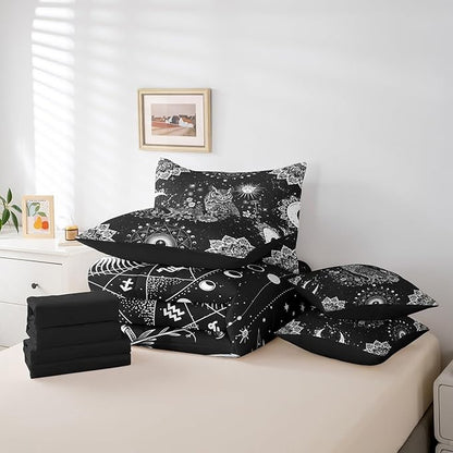 Feelyou Sun Moon Owl Bed in a Bag with Comforter, Twin Size 7Pcs 3D Animal Printed Bedding Set with Comforter, Women Men Ultra Soft Bird Decor Comforter Cartoon Owls Room Decor