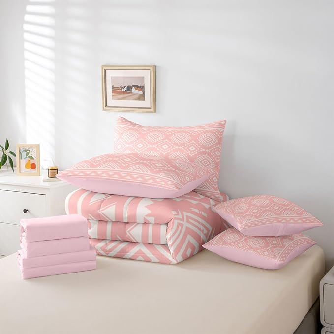 Erosebridal Pink Southwestern Bedding Set Twin Exotic Tribal Aztec Comforter Set 7 Piece Western Geometric Bohemian Bed in A Bag for Women Rustic Ethnic Nordic Style Quilt with Flat Fitted Sheet