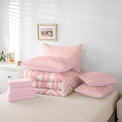 Erosebridal Pink Southwestern Bedding Set Queen Exotic Tribal Aztec Comforter Set 7 Piece Western Geometric Bohemian Bed in A Bag for Adults Rustic Ethnic Nordic Style Quilt with Flat Fitted Sheet