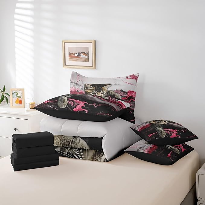 Erosebridal Cute Cat Bed in A Bag Watercolor Marble Print Bedding Set Twin, Marbling Abstract Cartoon Animal 7 Pieces Comforter Sets with Sheets Burgundy Watercolor Marbling Bed Set 7 Pieces