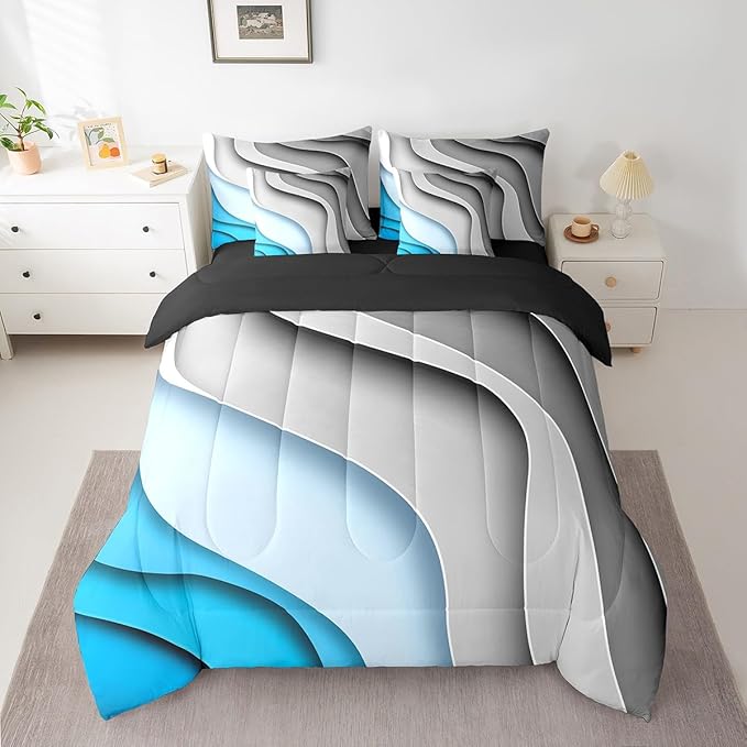 Erosebridal Grey Blue Gradient Full Comforter Set 7 Pieces for All Ages Geometric Stripe Bedding Comforter Sets, Aesthetic Wave Bed in a Bag Modern Abstract Bedding Set, Ombre Bed Sheets Set
