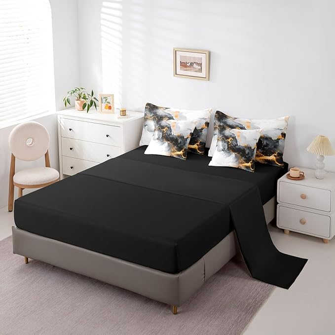 Black Orange Marble Bedding Comforter Sets 7 Pieces Watercolor Artwork Bed in a Bag, Abstract Foil Print Full Bedding Sets Aesthetic Marbling Comforter Set, Mountain Fluid Bedding Sets & Collections