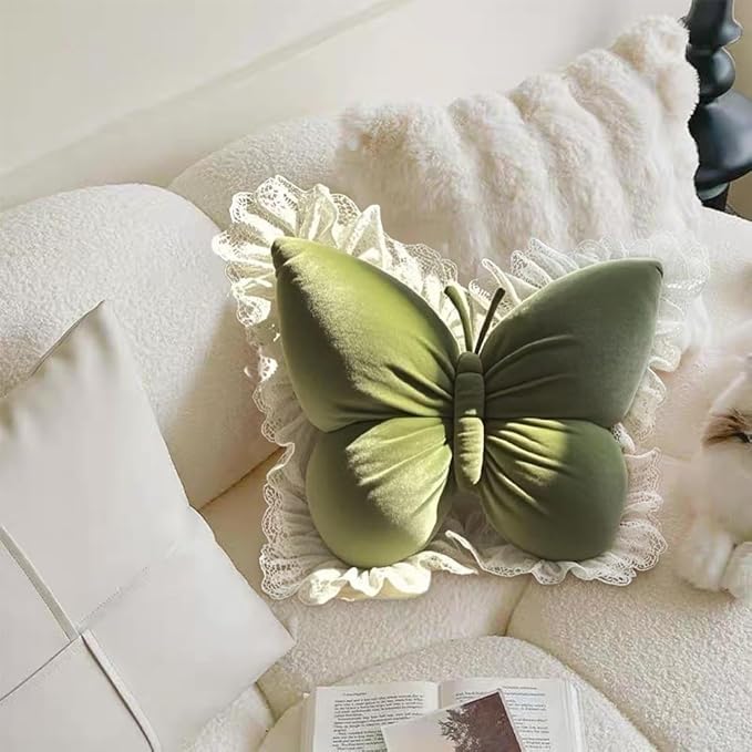 Butterfly Throw Pillow,21.6 inch Velvet Butterfly Decorative Pillow with Lace Trim,Animal Pillow for Couch Living Room Bed,Home Garden Decor (Green)