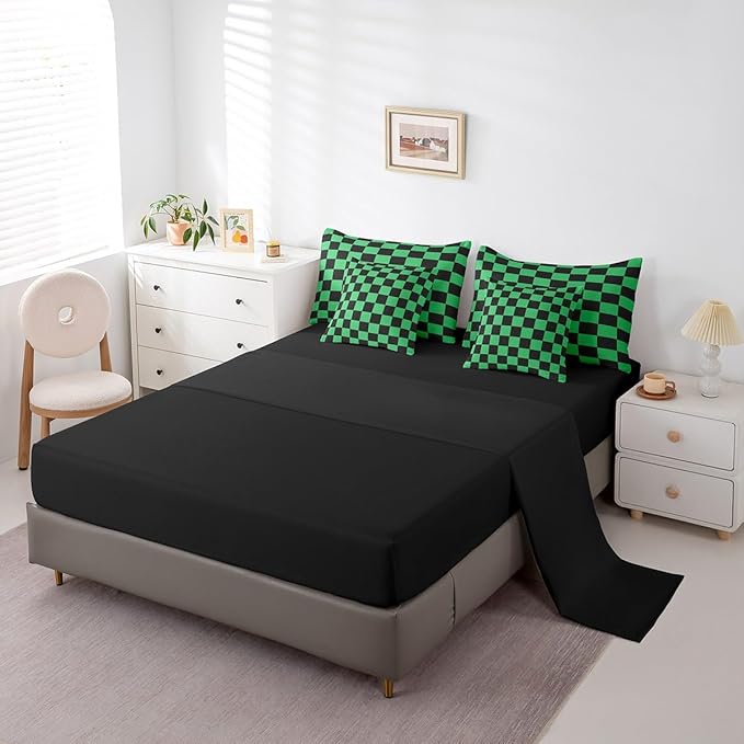 Feelyou Checkered 7 Piece Bedding Set Teen Green Black Plaid Comforter Set with Sheets Queen Size Kids Boys Cute Retro Neutral Checkerboard Geometric Bed in a Bag Vintage Aesthetic Room Decor