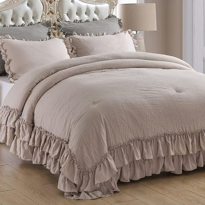 Masaca Twin Bedding Comforter Set with Ruffles,Shabby Boho Chic Taupe Farmhouse Comforter 3 Pieces (1 Kids Ruffled Comforter+2 Pillowcases) Ultra Soft Vintage French Country Bedding Sets