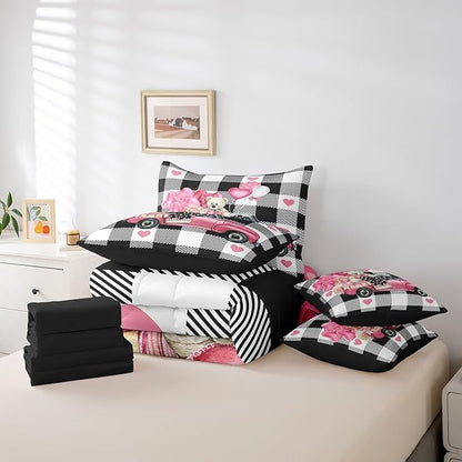 Feelyou Girls Like Cartoon Cute 7 Piece Bedding Set Queen Size Me&You Love Car Comforter Set with Sheets for Boys Girls Adult Cute Bear Bed in a Bag Women Men Pink Balloon Bed Set