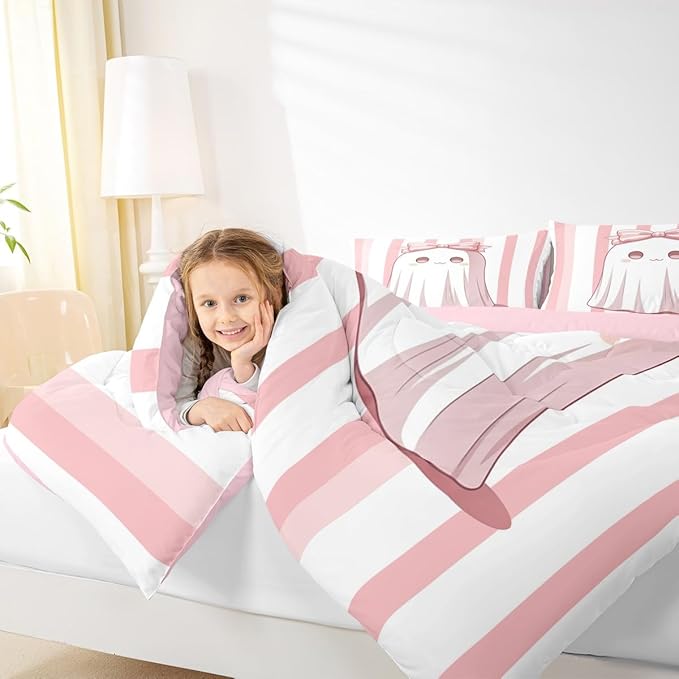 Erosebridal Girls Halloween Decor Queen Comforter Set, Pink Ghost Pink Bow Bedding Set for Kids Boys Youth Adults Kawaii Room Decor, Bows Comforter Abstract Stripes Holloween Quilt with 2 Pillowcases
