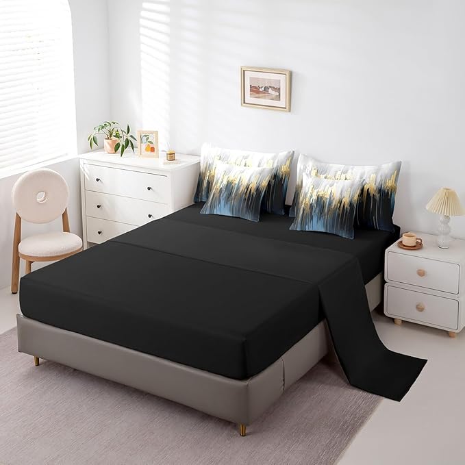 Navy Blue King Comforter Set 7 Pieces Gradient Brush Marks Bedding Comforter Sets, Watercolor Stripe Aesthetic Bed in a Bag Greyish White Ombre Bedding Set, Vintage Contemporary Bed Sheets Set