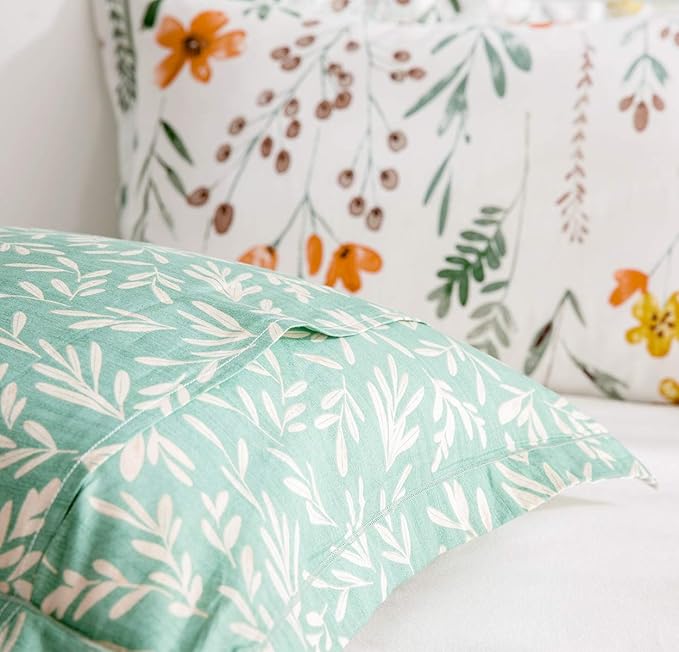 SLEEPBELLA Queen Size Comforter Set Yellow Flowers & Green Botanical Pattern Printed on White 100% Cotton Fabric, Ultra Soft Microfiber Inner Fill 3Pcs Bedding Set