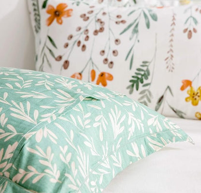 SLEEPBELLA Queen Size Comforter Set Yellow Flowers & Green Botanical Pattern Printed on White 100% Cotton Fabric, Ultra Soft Microfiber Inner Fill 3Pcs Bedding Set