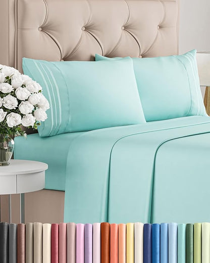 Queen Size 4 Piece Sheet Set - Comfy Breathable & Cooling Bed Sheets Set - Hotel Luxury Bedding for Women, Men, Kids, Teens, Boys & Girls - Deep Pockets, Ultra-Soft, Wrinkle Free - Oeko-Tex - Spa Blue