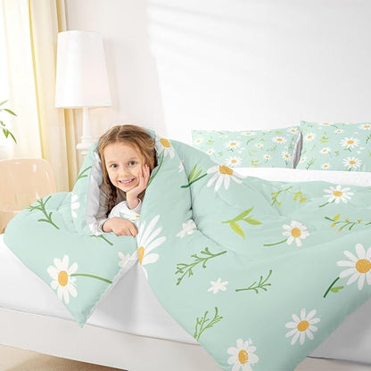 Manfei Cute Flower Comforter Set King Size, Botanical Theme Floral Print Bedding Set 3pcs for Kids Girls Room Decor, Watercolor Daisy Quilt Set Soft Polyester Duvet Set with 2 Pillowcases
